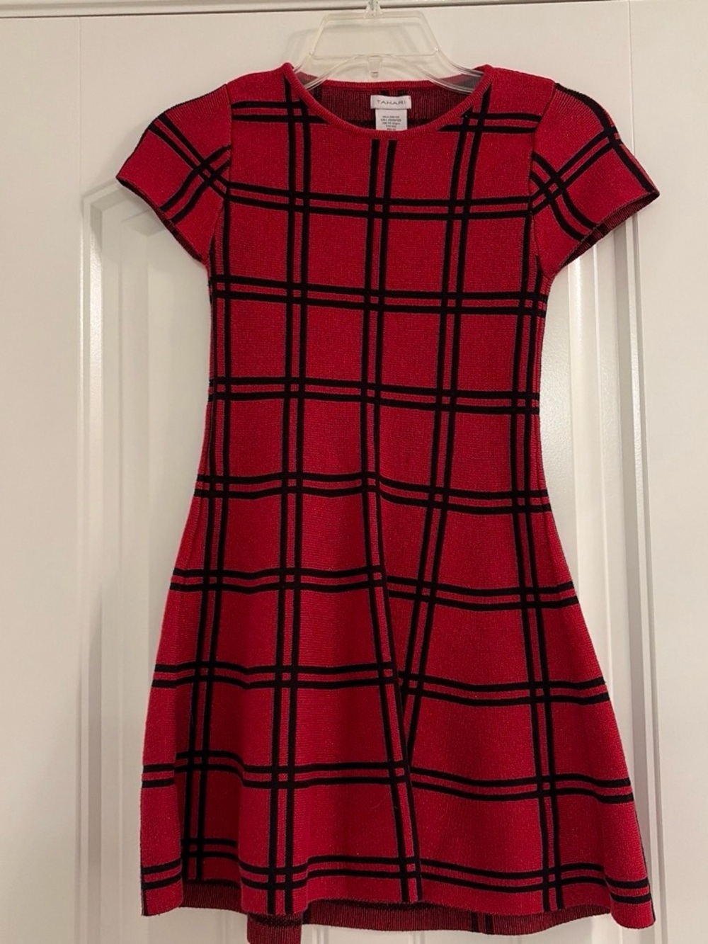 Tahari Red and Black Plaid Knit Fit & Flare Dress